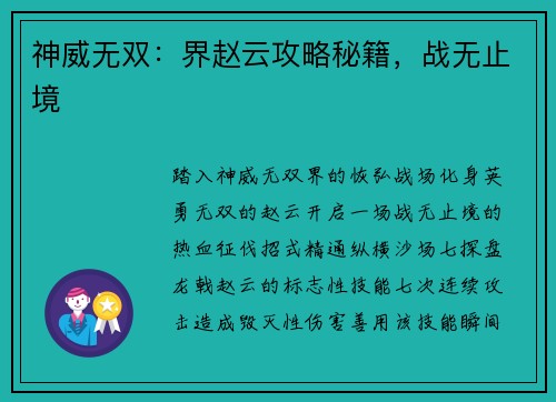 神威无双：界赵云攻略秘籍，战无止境