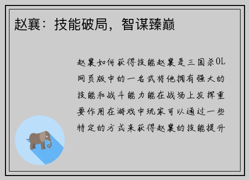 赵襄：技能破局，智谋臻巅